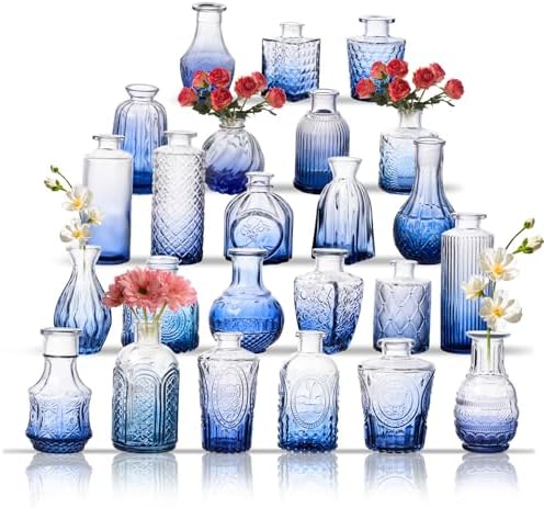 Glass Bud Vase Set of 24, Small Flower Vases, Glass Vases for Centerpieces, Vintage Home Table Decorations Bud Vases (24 Pcs, Blue) by BJONKZ