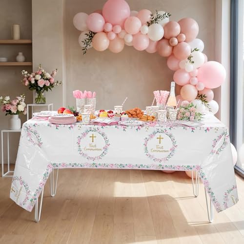 Ceenna 452 Pcs First Communion Party Decoration Girl for 50, Pink Baptism Paper Plate Napkin Cup Tablecloth Cutlery Straw God Bless Disposable Tableware for Christening Religious Baby Shower Supplies - Image 6