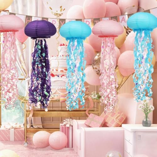 3 Pack Jellyfish Paper Lanterns, Ocean Mermaid Party Hanging Decorations - Image 6