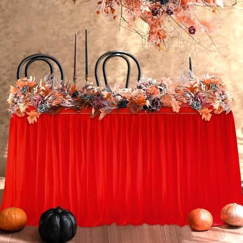 NSSONBEN 167inch Red Tulle Table Skirt for Rectangle Tables 6/8ft, 2-Layer Ruffle Tulle Tutu Red Cloth Table Desk Skirts 14ft for Chrismas Birthday Party Baby Shower Cake Dessert Tables(No Top Cover) - Image 7