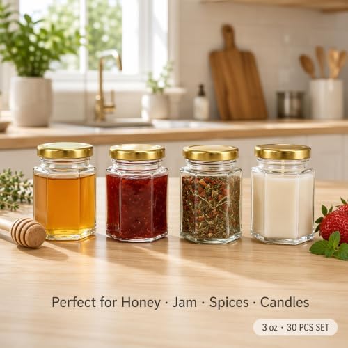 R DRURLCD 30 Pack 3 oz Small Hexagonal Mini Glass Honey Jars in Bulk with Wooden Dipper Bee Charms Thank You Cards Jutes for Baby Shower Wedding Birthdays Party Favors Gifts - Image 2