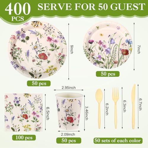 400 Pcs Wild Floral Disposable Paper Plates Napkins Cups Serve 50 Watercolor Floral Tableware Set for Spring Wedding Tea Party Decoration Bridal Shower Baby Shower (Fresh Color,Vivid Style) - Image 2
