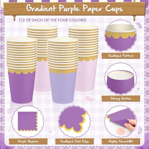 Mimorou 338 Pcs Purple Plates Napkins Cups Flatware Set - Image 5