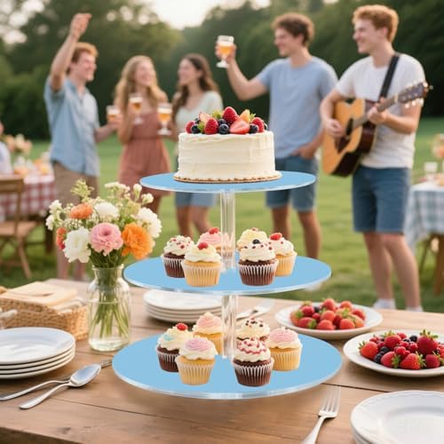 J JOYSAY Light Blue Print Acrylic Cupcake Stand 3 Tier Dessert Table Display Set Clear Cake Stands for Party Wedding Baby Shower Decorations Easy Assembly Macaron Tower - Image 6