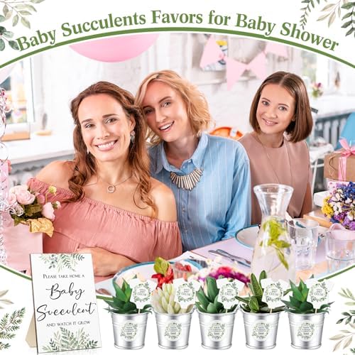 Fulmoon 151 Pcs Baby Shower Favors for Guests Include 1 Greenery Sign 50 Watch Baby Grow Succulent Tags 50 Small Metal Bucket with 50 Succulent Stickers for Guests - Image 6