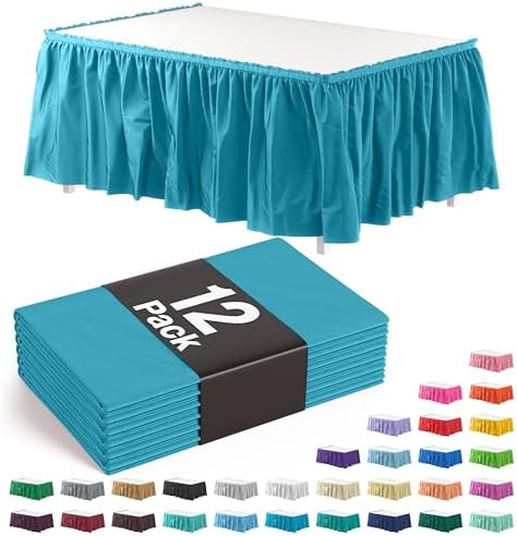 Exquisite Turquoise Table Skirt 12 Pack - Disposable Plastic Table Skirts for Rectangle Tables 6ft 8ft & Round Tables - 29in x 14ft Self-Adhesive Strip - Birthday Wedding Gender Reveal Decor by Exquisite