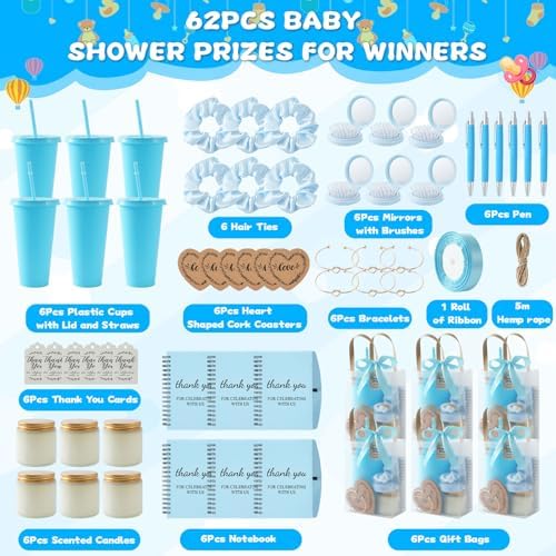 62PCS Baby Shower Prizes for Game Winners, Baby Shower Favors Gift Set for Games, Bridal Shower & Party Events, with Tumblers Notebooks Candles Mirror with Hair Brush & Gift Bags (Blue) - Image 2