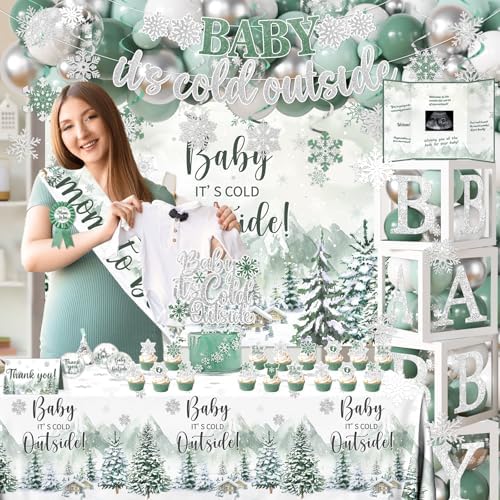 Baby It’s Cold Outside Baby Shower Decorations, Green Winter Baby Shower Decorations Winter Wonderland Tablecloth Banner Backdrop Balloon Box Cupcake Topper Hanging Swirl for Boy Girl Gender Reveal - Image 3