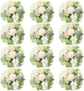 Tigeen 12 Bundles Artificial Flowers Bouquet Silk Peonies, White,Green by Tigeen