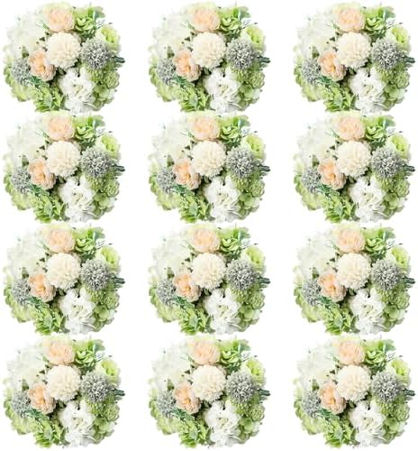 Tigeen 12 Bundles Artificial Flowers Bouquet Silk Peonies, White,Green by Tigeen
