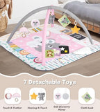Baby Play Mat Activity Gym, 6 Developmental Zones Tummy Time Mat, 6 Detachable Sensory Toys and Educational Cards, Essential Baby Shower Set, Pink Koala - Image 4