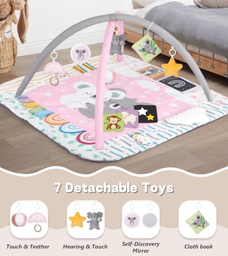 Baby Play Mat Activity Gym, 6 Developmental Zones Tummy Time Mat, 6 Detachable Sensory Toys and Educational Cards, Essential Baby Shower Set, Pink Koala - Image 4