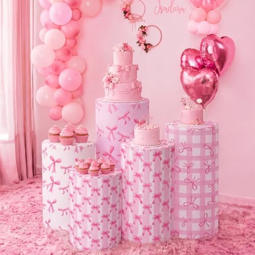 HunnmingRe 5 Pcs Pink Bow Cylinder Pedestal Stand Covers Flexible Cylinder Stand Covers for Girly Party Backdrop Baby Shower Birthday Wedding Dessert Tables Decor Party Display Decor - Image 6