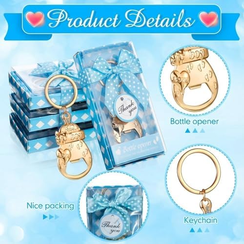 Sieral 24 Pcs Baby Shower Bottle Opener Party Favor for Guest Gold Keychain Gifts Decorations Souvenirs for Girls Boys Baby Birthday Gender Wedding Reveal Bridal Party Decor (Boy) - Image 3
