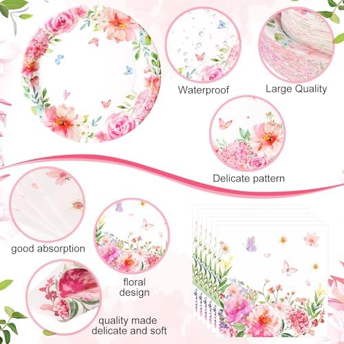 400 Pcs Floral Disposable Paper Plates Napkins and Cups Serves 50 Spring Watercolor Pink Floral Tableware Set for Wedding Tea Party Decoration Bridal Shower Baby Shower Mother's Day - Image 2