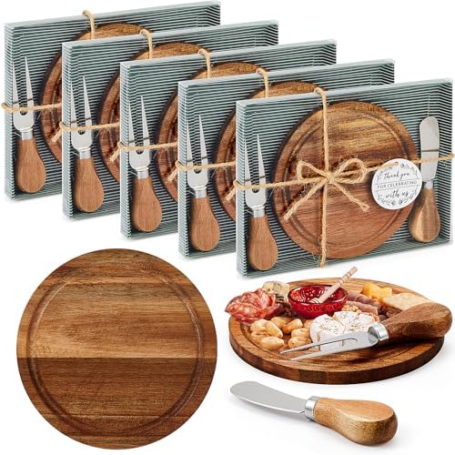 Maxcheck 5 Sets Round Cheese Board with Knives Forks Party Gifts Acacia by Maxcheck