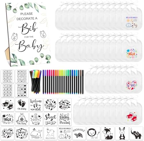 SytuHe 95 Pcs DIY Baby Bibs Decorating Kit50 White Bibs 24 Stencils 20 Fabric Markers 1 Baby Shower Game Sign by SytuHete