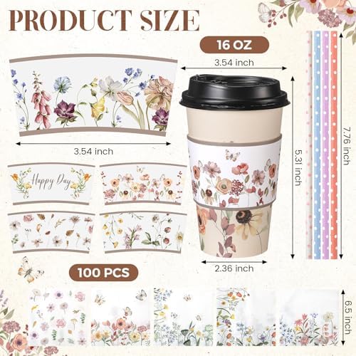 Nuogo 400pcs/100set 16 oz Vintage Floral Disposable Coffee Cups with Lids Sleeves Straws Napkins, Spring/Summer Party Tea Wedding Baby Shower Bulk Paper Cups for Hot Cold Drinks - Image 2