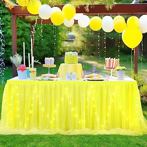 PARTISKY Yellow Tulle Tutu Table Skirt for Rectangle Tables or Round Tables,Led Light String Table Cloth for Wedding Baby Shower Birthday Party Dessert/Cake Tables - Image 3