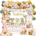 130 PCs Wild One Birthday Decorations Girl, Hombae Safari Jungle Theme 1st Birthday Party Backdrop Balloon Garland Leaves Monthly Photo Highchair Banner Box Cutout Crown Cake Cupcake topper Pink Gold by Hombae