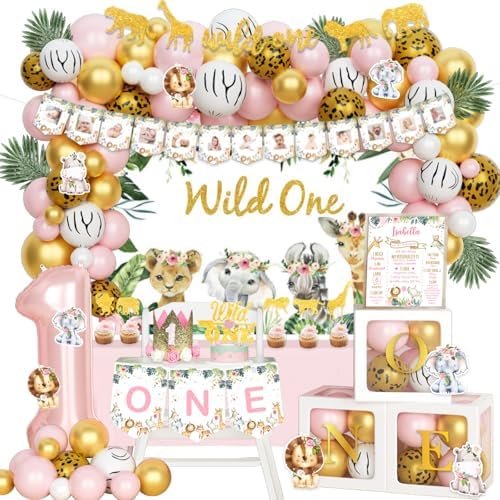 130 PCs Wild One Birthday Decorations Girl, Hombae Safari Jungle Theme 1st Birthday Party Backdrop Balloon Garland Leaves Monthly Photo Highchair Banner Box Cutout Crown Cake Cupcake topper Pink Gold by Hombae