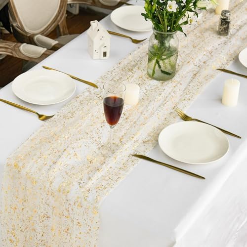 Artoid Mode Beige Gold Gauze Table Runner 120 Inch 10Pcs, Glitter Metallic Foil Sheer Dining Wedding Anniversary Holiday Birthday Table Decor for Home Party - Image 4
