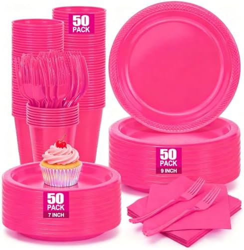 250Pcs Hot Pink Plastic Party Plates and Napkins Set for Birthday, Wedding by UseOnceDoneRight