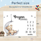 Personalized Baby Monthly Milestone Blanket Boy or Girl - Sleep Bear Months Blanket with Wood Frame and Newborn Wooden Sign - Growth Chart Milestone Blanket 1-12 Month Milestones - Image 3
