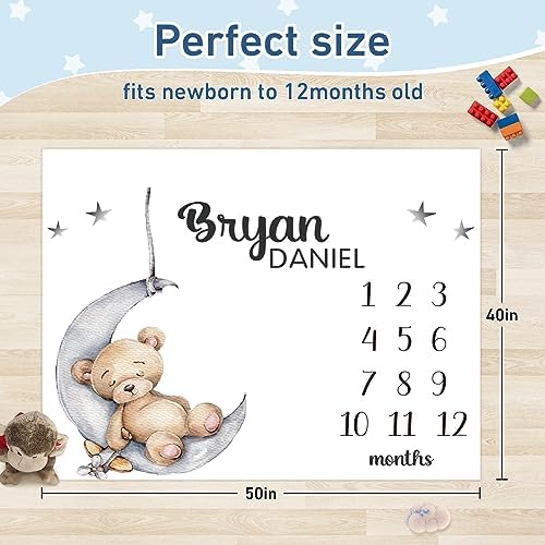 Personalized Baby Monthly Milestone Blanket Boy or Girl - Sleep Bear Months Blanket with Wood Frame and Newborn Wooden Sign - Growth Chart Milestone Blanket 1-12 Month Milestones - Image 3