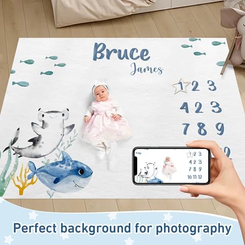 Custom Name Baby Milestone Blanket - Baby Milestone Monthly Blanket with Double Sided for Boy Girl Baby Photography Props - Blue Shark Print Gifts for Kids Infant (FixedSize) - Image 2