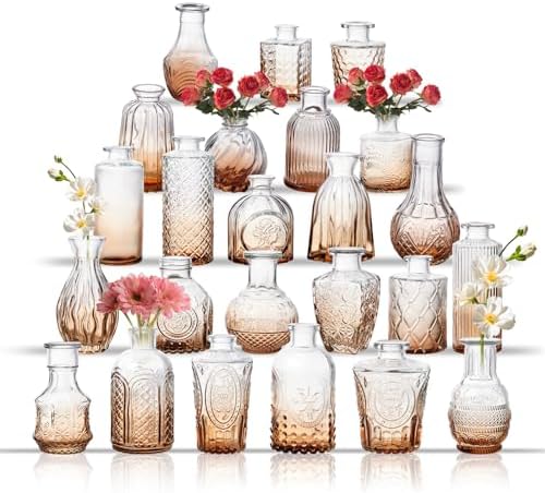 Glass Bud Vase Set of 24, Small Flower Vases, Glass Vases for Centerpieces, Vintage Home Table Decorations Bud Vases (24 Pcs, Amber) by BJONKZ