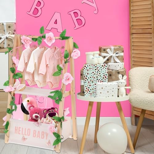 Double Layered Wooden Baby Shower Crate Closet Baby Storage Crate Hamper with Letters Garland and 10 Clothes Hangers Foldable Nursery Storage Crate for Girl Boy Pregnancy Gift - Image 6