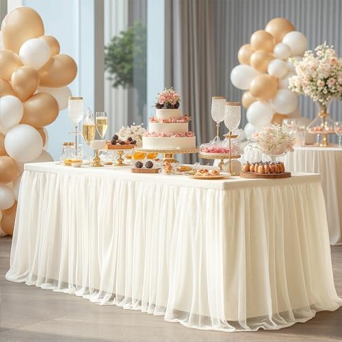 Wish Care 6 Pack Ivory Tulle Tablecloth for 6 Foot Rectangle Tables Stretch Fitted Rectangular Table Cloths Wrinkle Free Ruffle Table Covers Tutu Skirt for Wedding Birthday Party Baby Shower Cake - Image 5