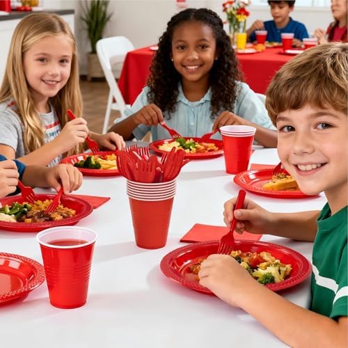 WELLIFE 210Pcs Red Plastic Plates,Party Plates and Cups and Napkins Sets - Image 6