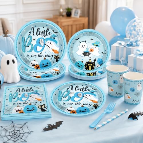Blue Halloween Baby Shower Decorations Boy, All-in-1 A Little Boo is Almost Due Baby Shower Decorations with Balloon Arch Kit Baby Boxes Plates Napkins Cake Toppers Tablecloth Backdrop Spooky Decor - Image 2