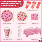 Ceenna 452 Pcs Cherry Party Decoration for 50 Guest, Cherry Paper Plates Napkins Cups Tablecloth Cutlery Straw Summer Fruit Disposable Tableware for Picnic Birthday Baby Shower Party Supplies - Image 2
