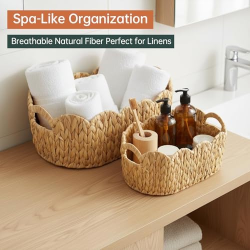Coeusy Scalloped Basket Set of 2,Water Hyacinth Basket for Organizing and Decor,Hand-Woven Wicker Storage Baskets with Built-In Handles for Nursery,Gift - Image 6