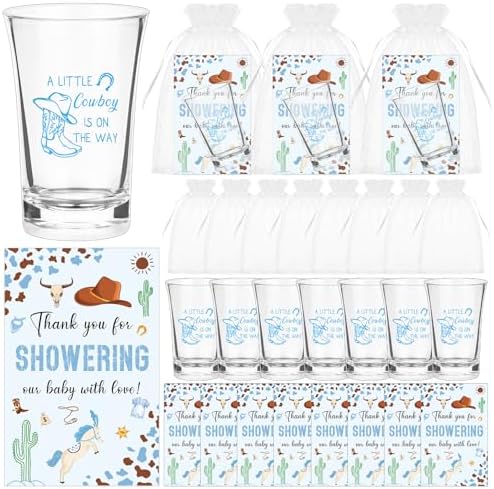60 Sets Western Cowboy Baby Shower Acrylic Shot Glasses A Little Cowboy is On The Way Shot Glasses with Thank You Cards Organza Bags for Gender Reveal Cowboy Themed Birthday (Blue) by Unknown