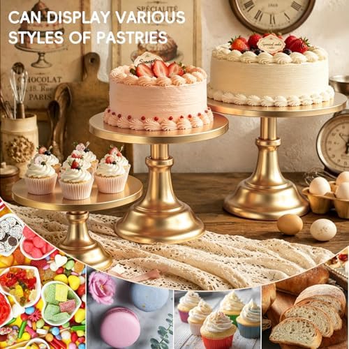 3 PCS Gold Round Cake Stand Set, Multi Size Metal Cupcake Holders Stand for Birthday Wedding Banquets, Pastry Display Holders for Holiday Party Dessert Display Table Decor (8"/10"/12" Plate) - Image 3