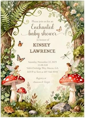 Enchanted Woodland Fairy Baby Shower Invitation Storybook Fairy Garden with Mushrooms and Woodland Greenery, Custom Printed Invitations with Envelopes by Handmade