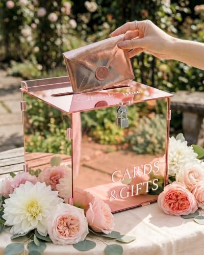 Rose Gold Acrylic Wedding Card Box with Slot and Lock, Mirror Acrylic Card Holder for Reception, Graduation, Bridal & Baby Shower, Birthday Party, Shiny Decorative Gift Boxes for Cards and Money - Image 2