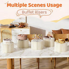 HeiMma 4 Pack Buffet Risers, FOLDABLE Accordion Food Display Risers for Dessert Table,Dessert Table Display Set, White Cardboard Cylinder Cake Cupcake Stands for Party, Multi-height, 12in Round - Image 7
