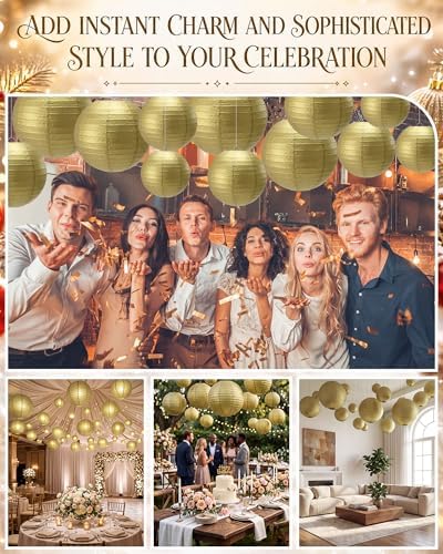 Treela Paper Lanterns Bulk, 5 Sizes, Round Chinese Lamp, Gold, 60 Pcs - Image 6
