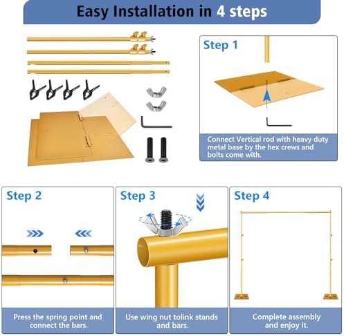 HYJ-INC Pipe and Drape Photography Backdrop Stand Kit - Titanium Gold Adjustable Photo Background Stand 10ft x 6.5ft with Metal Base for Parties Weddings Birthday Party Events Photo Booth - Image 2