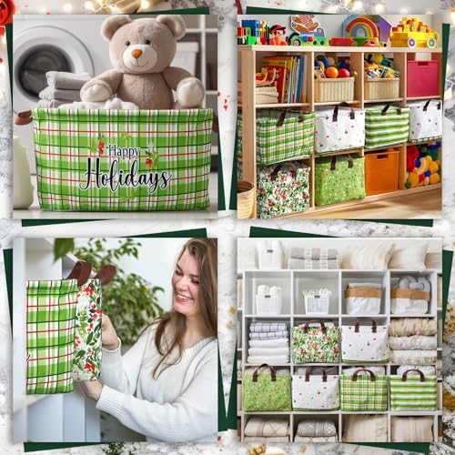 CHENGU 6 Pack Christmas Storage Basket Collapsible Christmas Tree Basket for Gift Green Truck Holiday Decor Large Flower Wreath Bin Foldable Hello Winter Dotted Box with Handle for Bedroom Office Home - Image 6