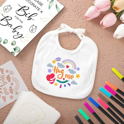 SytuHe 95 Pcs DIY Baby Bibs Decorating Kit50 White Bibs 24 Stencils 20 Fabric Markers 1 Baby Shower Game Sign - Image 4