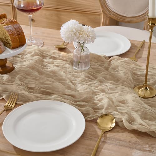 12 Pack Tan Beige Cheesecloth Table Runners, 120 Inch 10Ft Gauze Table Runner for Wedding Birthday Party Baby Shower Decorations - Image 2