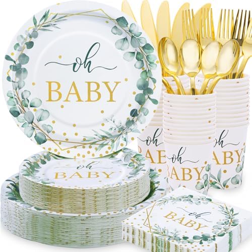 350 Pcs Sage Green Baby Shower Decorations, Baby Shower Plates and Cups and Napkins Sets Serves 50, Oh Baby Plates with Gold Dots for Boho Baby Girl Boy Neutral by Gudvilla