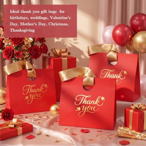 Feifeiya 30 Pcs Thank You Gift Bags with Ribbon Handles 7.87 x 3.54 x 7.09 Inch Paper Candy Gift Bags with Gold Foil Printed for Appreciation Birthday Wedding Bridal Baby Shower Party Favors(Red) - Image 4