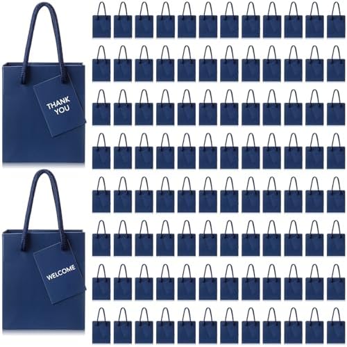 Sherr 100 Pcs Navy Blue Mini Paper Gift Bags with Handles, White Tags by Sherr